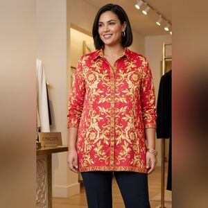 Chico’s Red Gold Baroque Medallion Button Down Tunic Size 3 (16/18)